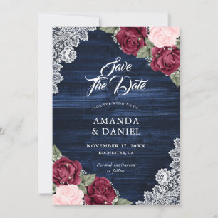 Rustic Navy Blue Burgundy Blush Wood Wedding Save The Date