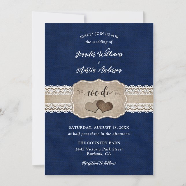Rustic Navy Blue Burlap and Lace Wedding Invitation (Front)