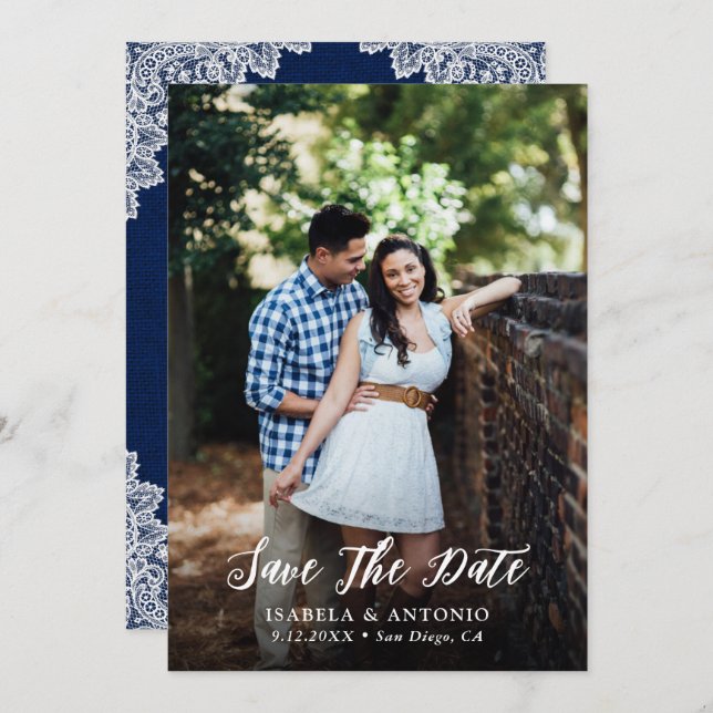 Rustic Navy Blue Burlap and Lace Wedding Photo Save The Date (Front/Back)