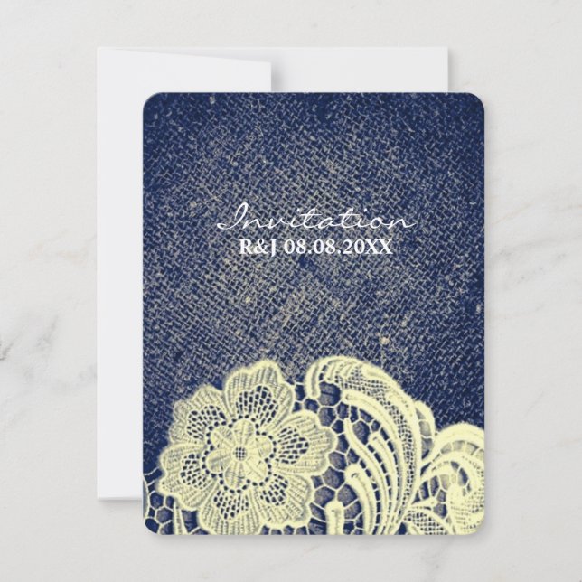 rustic navy blue burlap lace country wedding invitation (Front)