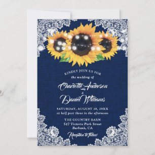 Rustic Navy Blue Burlap Lace Sunflower Wedding Invitation