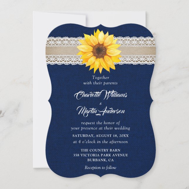 Rustic Navy Blue Burlap Lace Sunflower Wedding Invitation (Front)