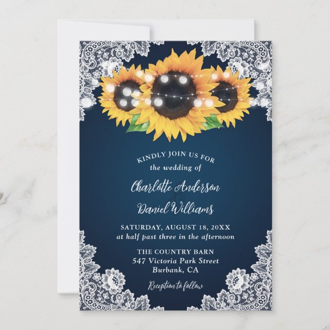 Rustic Navy Blue Burlap Lace Sunflower Wedding Invitation (Front)