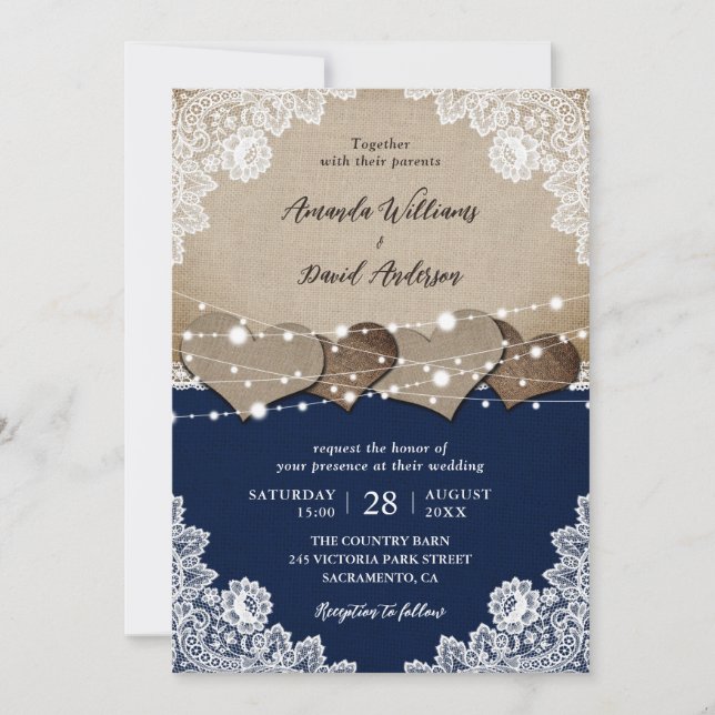 Rustic Navy Blue Burlap Lace Wedding Invitation (Front)