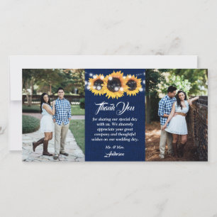 Rustic Navy Blue Burlap Sunflower Photo Wedding Thank You Card