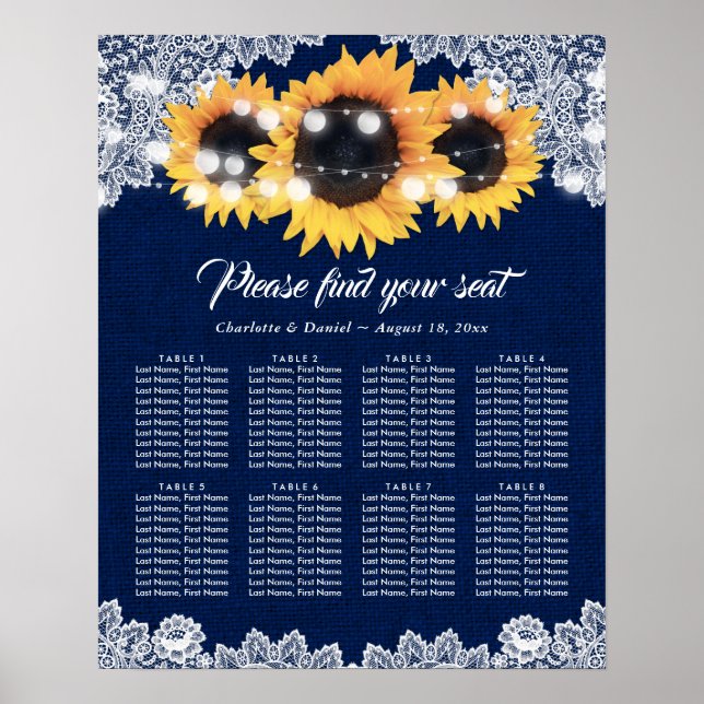 Rustic Navy Blue Burlap Sunflower Seating Chart (Front)