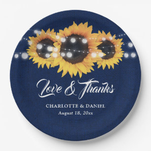 Rustic Navy Blue Burlap Sunflower Wedding Paper Plate