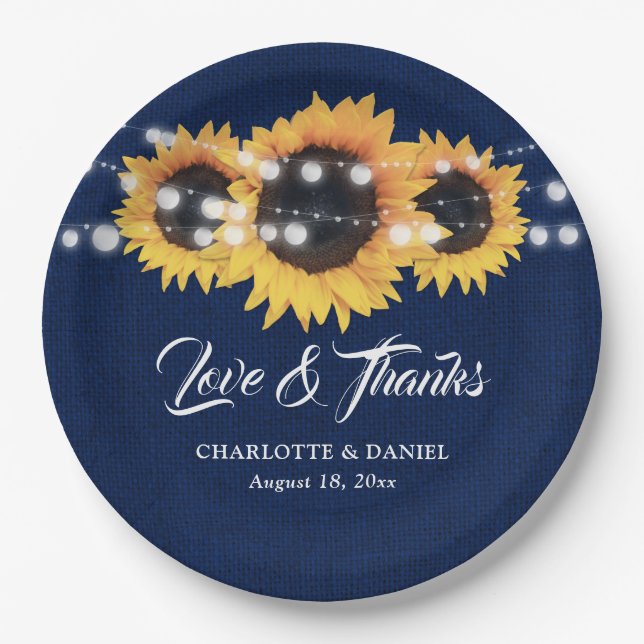 Rustic Navy Blue Burlap Sunflower Wedding Paper Plate (Front)