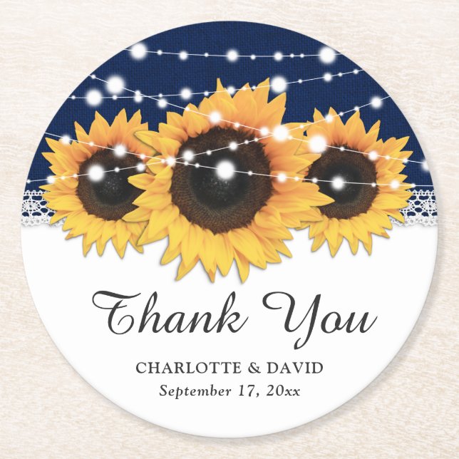 Rustic Navy Blue Burlap Sunflower Wedding Round Paper Coaster (Front)