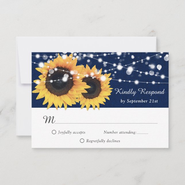 Rustic Navy Blue Burlap Sunflower Wedding RSVP (Front)