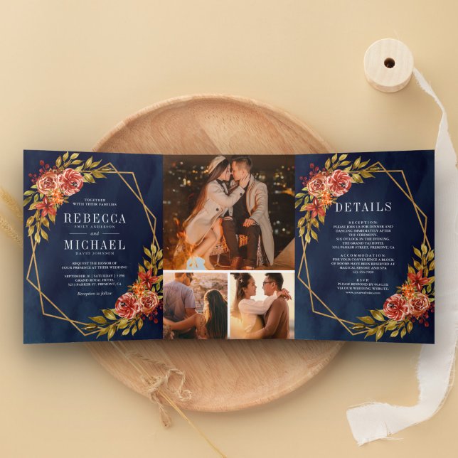 Rustic Navy Blue Burnt Orange Floral Frame Wedding Tri-Fold Invitation (Creator Uploaded)