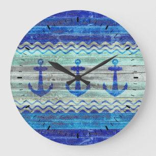 Rustic Navy Blue Coastal Decor Anchors Large Clock