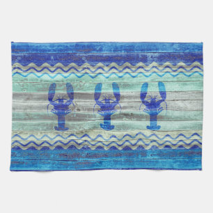 Rustic Navy Blue Coastal Decor Lobsters Tea Towel
