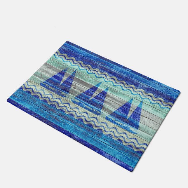 Rustic Navy Blue Coastal Decor Sailboats Doormat (Angled)