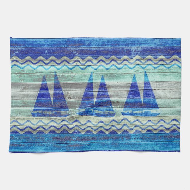 Rustic Navy Blue Coastal Decor Sailboats Tea Towel (Horizontal)