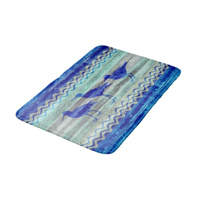 Rustic Navy Blue Coastal Decor Sandpipers Bath Mat (Angled)