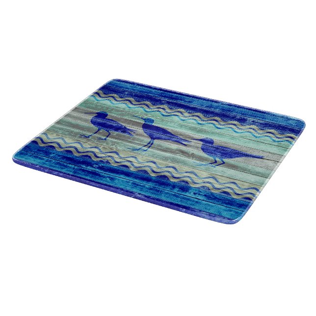 Rustic Navy Blue Coastal Decor Sandpipers Cutting Board (Corner)