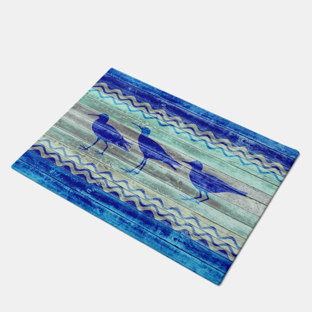 Rustic Navy Blue Coastal Decor Sandpipers Doormat (Angled)