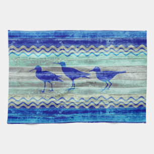 Rustic Navy Blue Coastal Decor Sandpipers Tea Towel