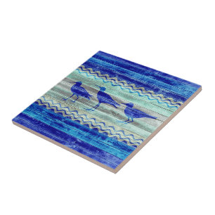 Rustic Navy Blue Coastal Decor Sandpipers Tile