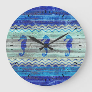 Rustic Navy Blue Coastal Decor Seahorses Large Clock