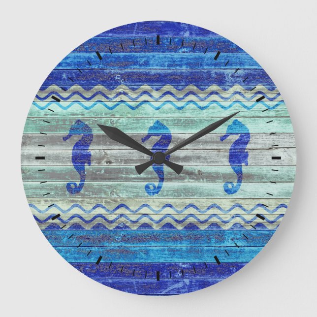 Rustic Navy Blue Coastal Decor Seahorses Large Clock (Front)