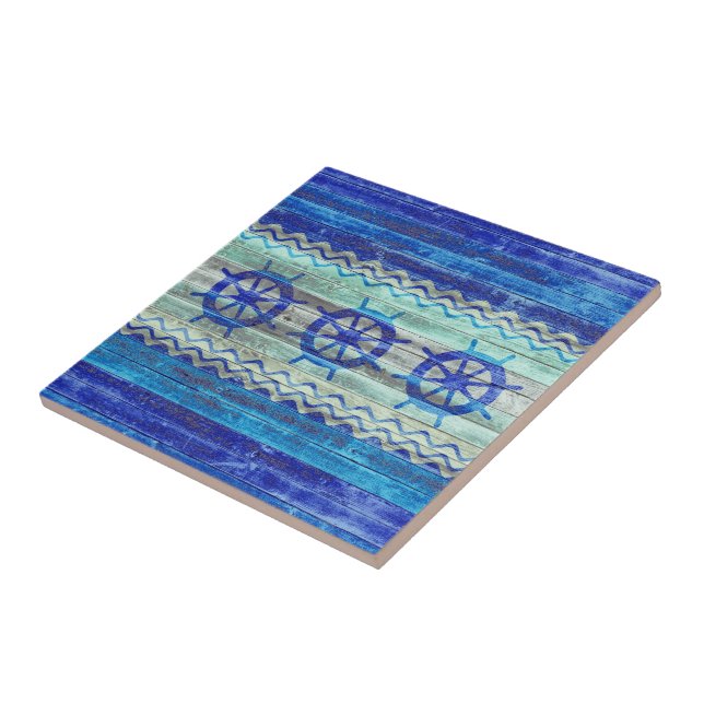 Rustic Navy Blue Coastal Decor Ship Wheels Tile (Side)