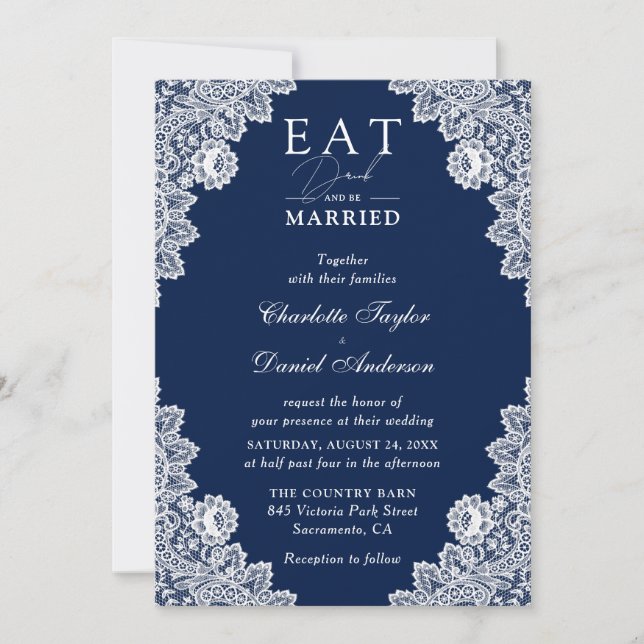 Rustic Navy Blue Eat Drink and Be Married Wedding Invitation (Front)