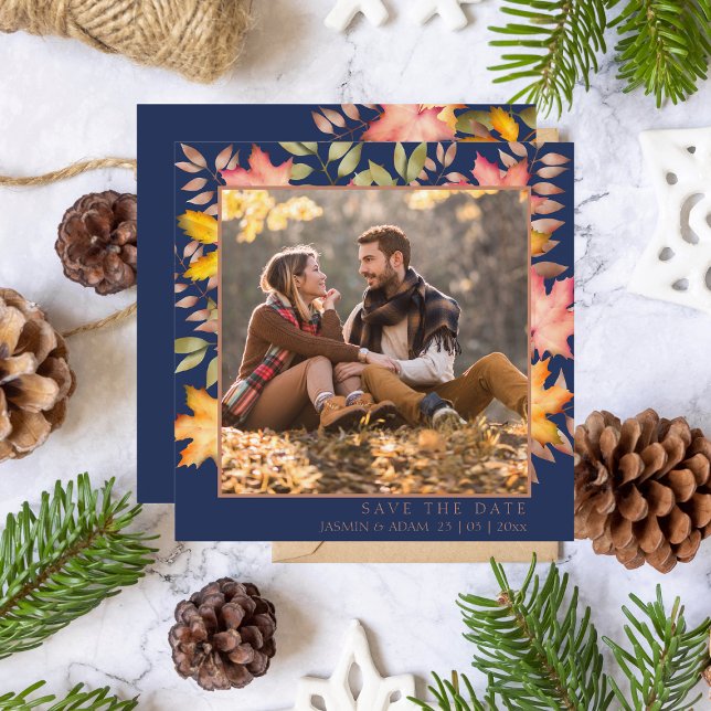 Rustic Navy Blue Fall Autumn Leaves Photo Wedding Save The Date (Creator Uploaded)