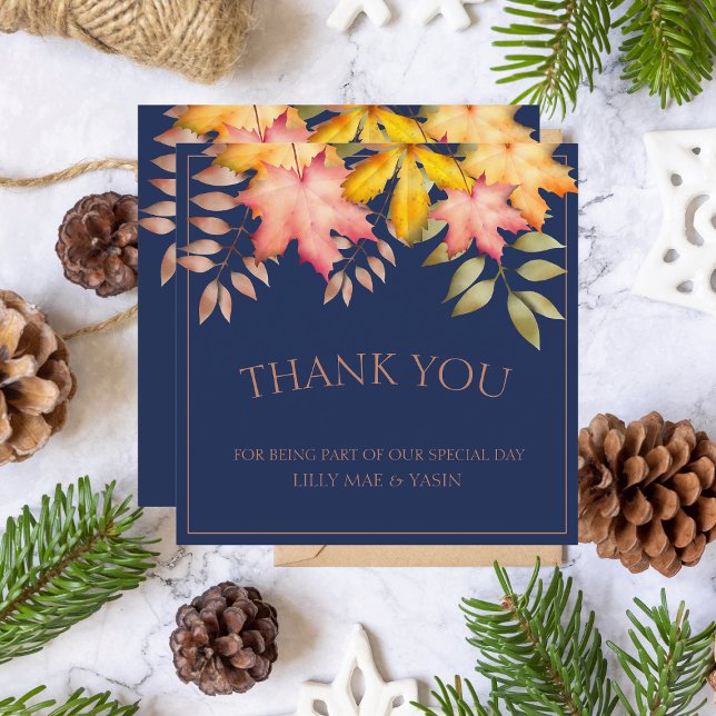 Rustic Navy Blue Fall Autumn Leaves Wedding Thank You Card (Creator Uploaded)