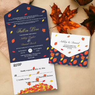Rustic Navy Blue Fall Leaves Autumn Floral Wedding All In One Invitation