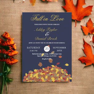 Rustic Navy Blue Fall Leaves Autumn Floral Wedding Invitation