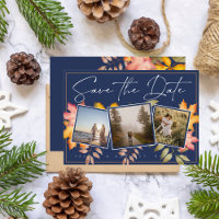 Rustic Navy Blue Fall Leaves Three Photo Wedding