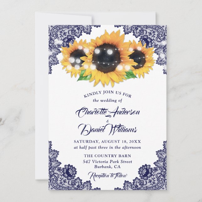 Rustic Navy Blue Floral Lace Sunflower Wedding Invitation (Front)