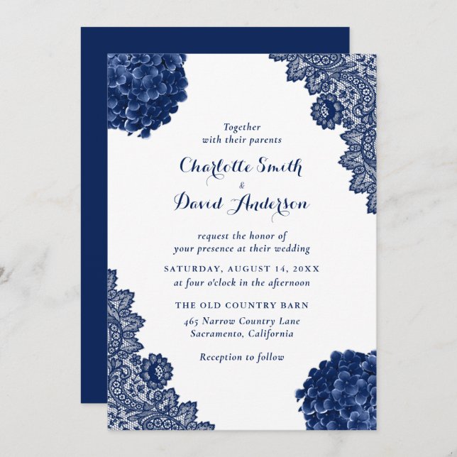 Rustic Navy Blue Floral Lace Wedding Invitation (Front/Back)