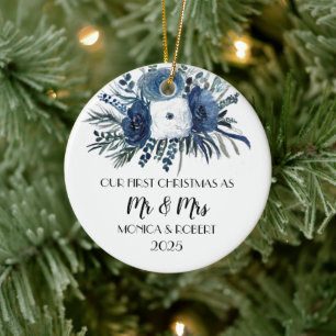 Rustic Navy Blue Floral Roses First Christmas  Ceramic Tree Decoration