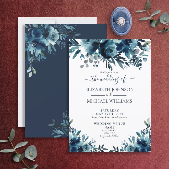 Rustic Navy Blue Floral Script Wedding Invitation (Creator Uploaded)