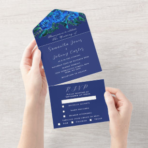 Rustic Navy Blue Floral Watercolor Wedding All In One Invitation