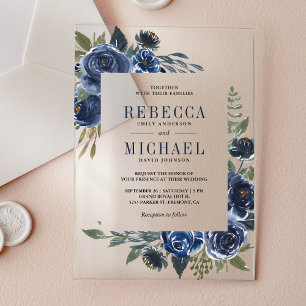 Rustic Navy Blue Floral Wedding Acrylic Invitations