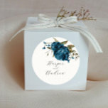 Rustic Navy Blue Floral Wedding Favour   Classic Round Sticker<br><div class="desc">Rustic floral theme favour sticker featuring watercolor illustration of purple navy blue flowers with greenery.</div>