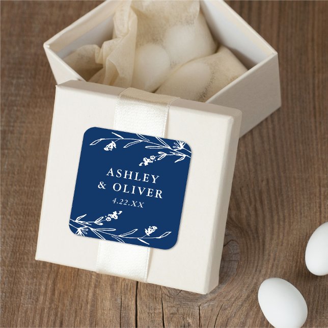 Rustic Navy Blue Floral Wildflower Wedding Favour Square Sticker (Creator Uploaded)