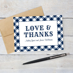 Rustic Navy Blue Gingham Plaid Wedding Monogram Thank You Card