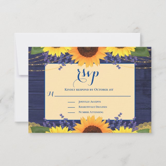 Rustic Navy Blue Gold Lace Sunflower Wedding RSVP (Front)