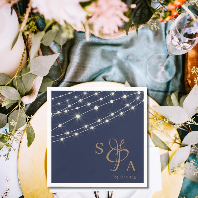 Rustic Navy Blue & Gold String lights  Napkin (Creator Uploaded)