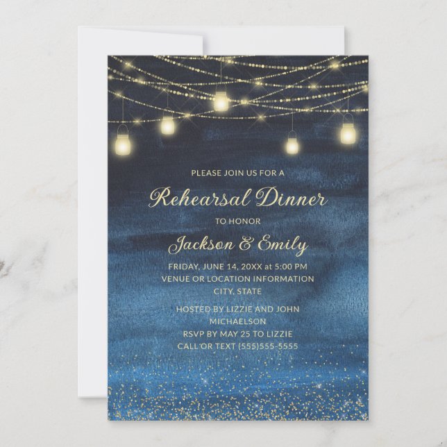 Rustic Navy Blue Gold String Lights Rehearsal  Invitation (Front)