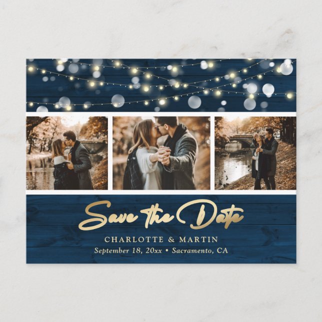 Rustic Navy Blue Gold Wedding Photo Save The Date  Announcement Postcard (Front)