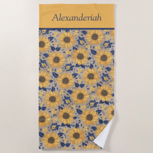 Rustic Navy Blue Golden Yellow Sunflower Name Bea Beach Towel