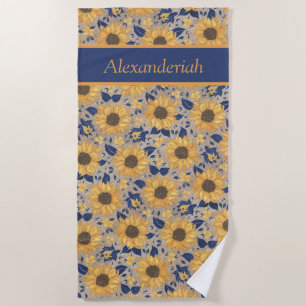 Rustic Navy Blue Golden Yellow Sunflower Name Beach Towel
