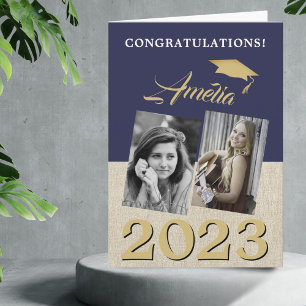 Rustic Navy Blue Graduate 2 Photo Graduation  Card