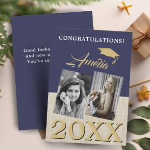 Rustic Navy Blue Graduate 2 Photo Graduation  Card
